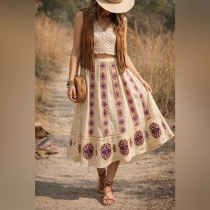 Antonio Melani Embroidered Cotton Skirt Size 2 Boho Midi Cream Purple